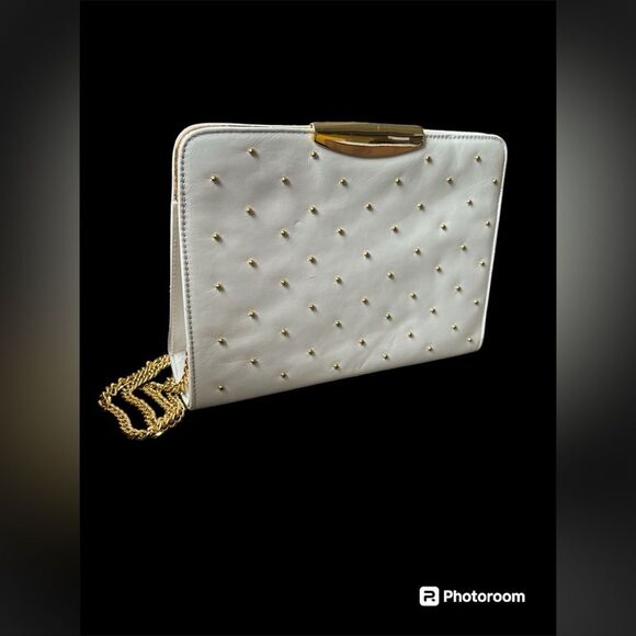 Vintage Timothy Hitsman White & Gold Purse - Crossbody with Gold Chain - Picture 1 of 7